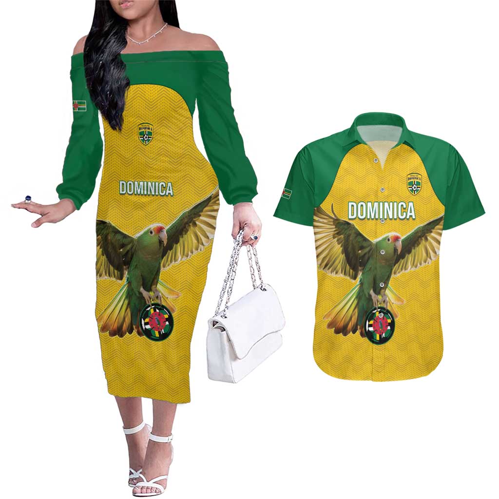 Custom Dominica Football Couples Matching Off The Shoulder Long Sleeve Dress and Hawaiian Shirt Sisserou Parrot Yellow Color - Wonder Print Shop