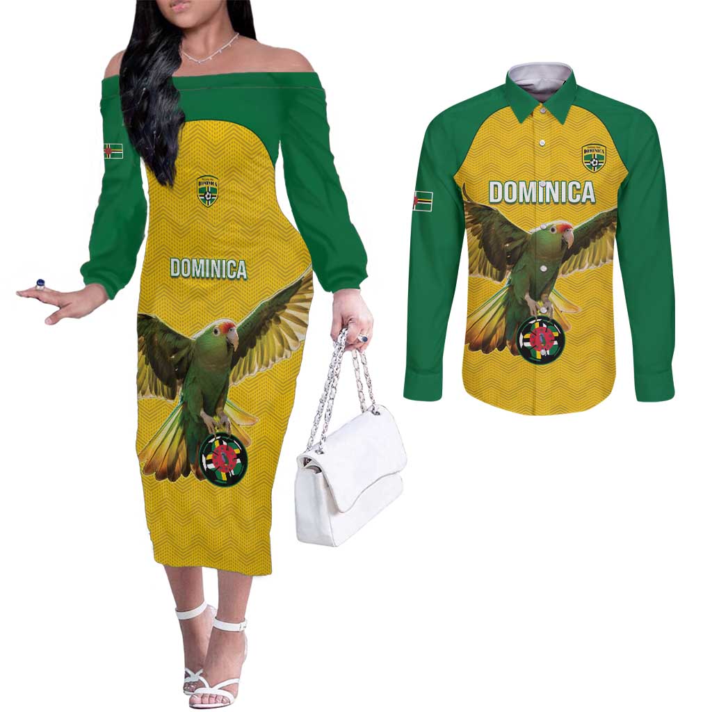 Custom Dominica Football Couples Matching Off The Shoulder Long Sleeve Dress and Long Sleeve Button Shirt Sisserou Parrot Yellow Color