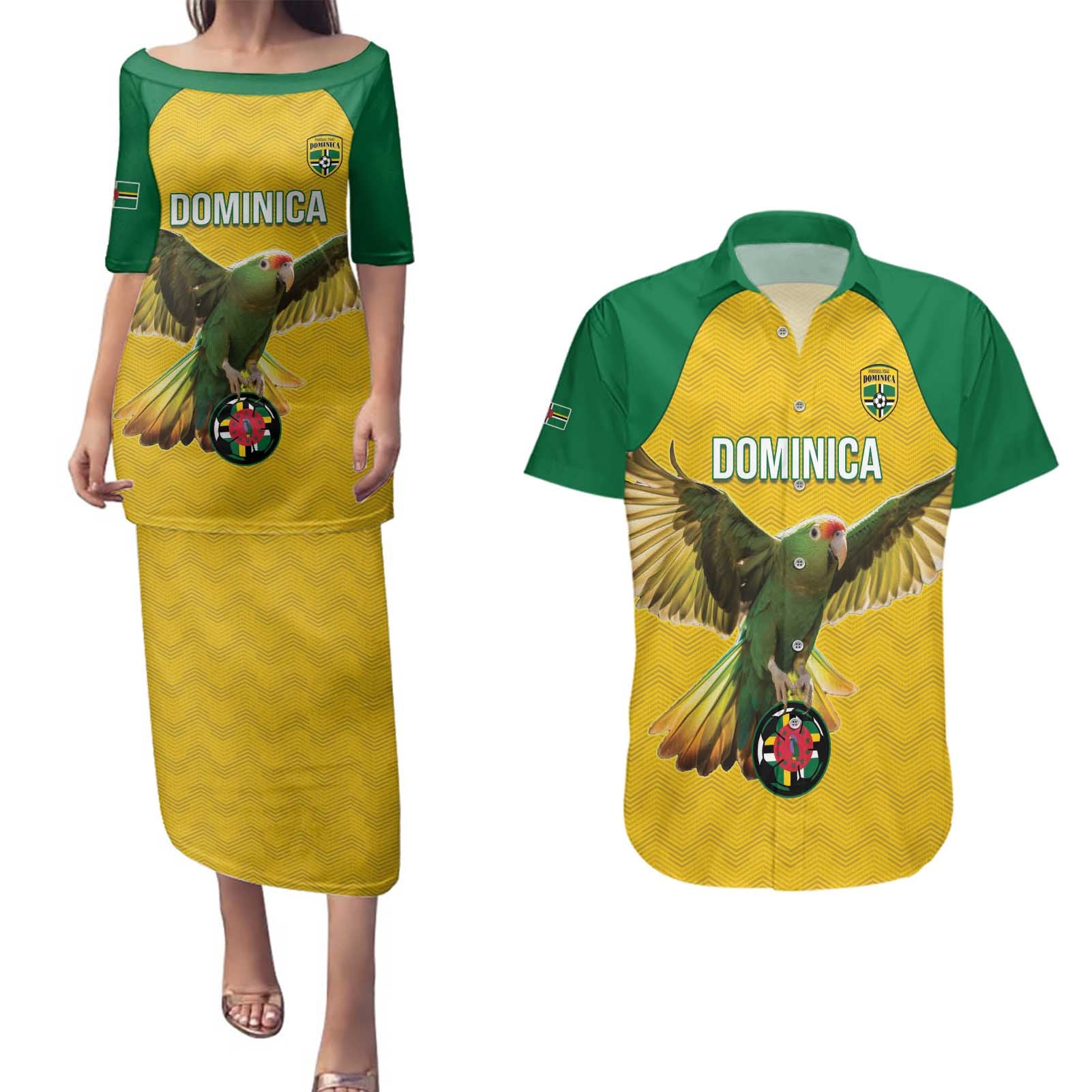 Custom Dominica Football Couples Matching Puletasi and Hawaiian Shirt Sisserou Parrot Yellow Color - Wonder Print Shop