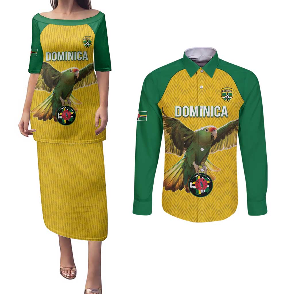 Custom Dominica Football Couples Matching Puletasi and Long Sleeve Button Shirt Sisserou Parrot Yellow Color - Wonder Print Shop