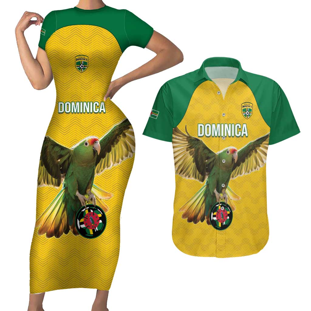 Custom Dominica Football Couples Matching Short Sleeve Bodycon Dress and Hawaiian Shirt Sisserou Parrot Yellow Color - Wonder Print Shop