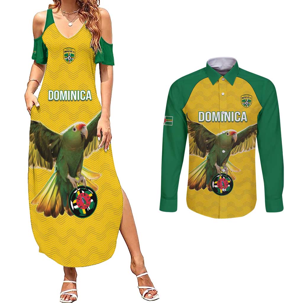 Custom Dominica Football Couples Matching Summer Maxi Dress and Long Sleeve Button Shirt Sisserou Parrot Yellow Color - Wonder Print Shop