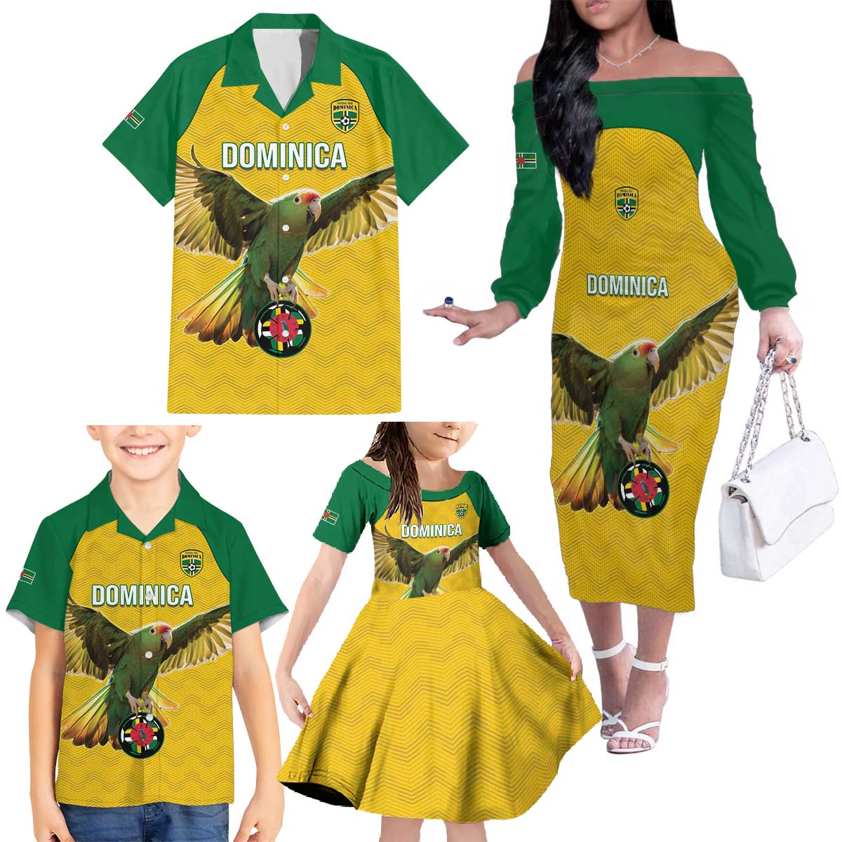 Custom Dominica Football Family Matching Off The Shoulder Long Sleeve Dress and Hawaiian Shirt Sisserou Parrot Yellow Color - Wonder Print Shop