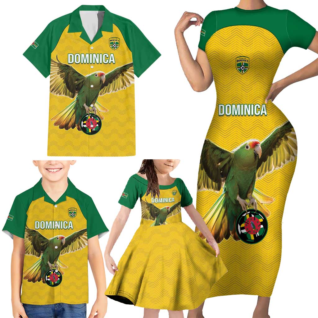 Custom Dominica Football Family Matching Short Sleeve Bodycon Dress and Hawaiian Shirt Sisserou Parrot Yellow Color - Wonder Print Shop