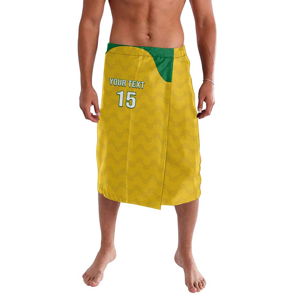 Yellow football lavalava sarong with green waistband and printed YOUR TEXT 15