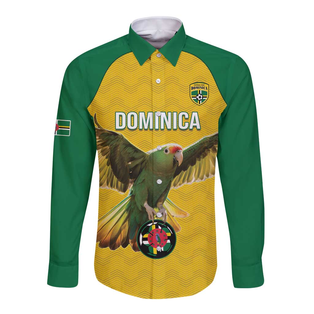 Yellow long-sleeve football button shirt with parrot graphic and DOMINICA crest