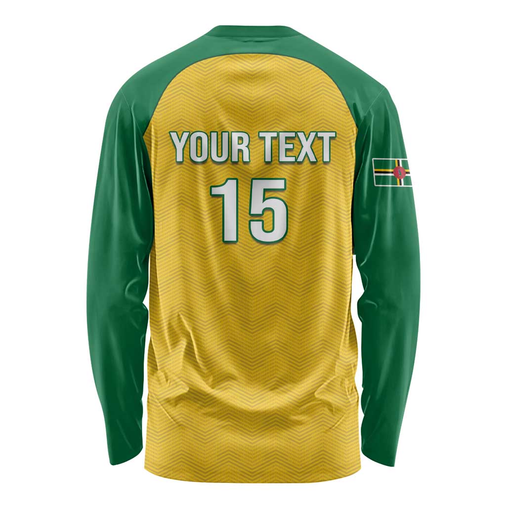 Custom football long-sleeve shirt with green sleeves, yellow back, “YOUR TEXT” and number 15