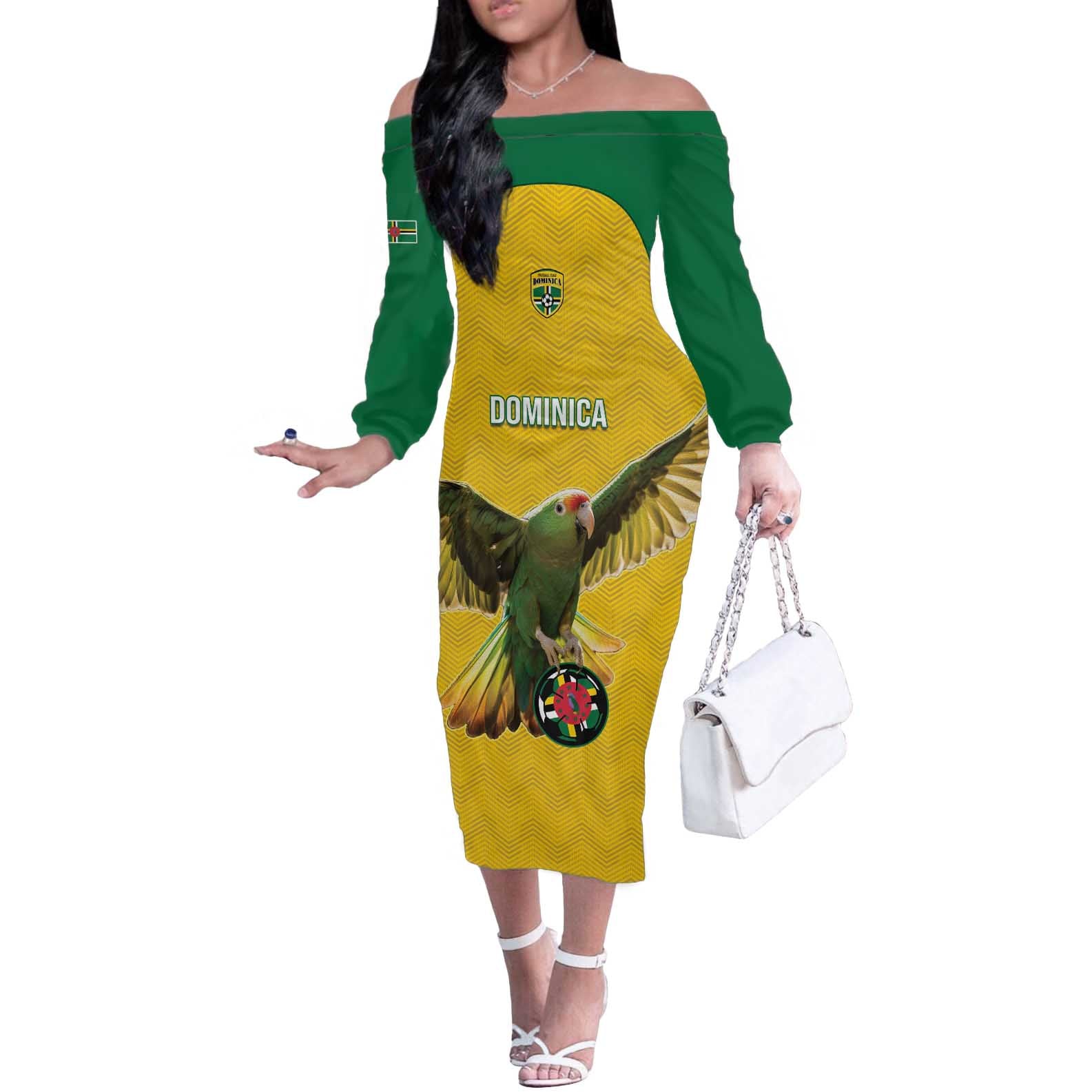 Custom Dominica Football Off The Shoulder Long Sleeve Dress Sisserou Parrot Yellow Color - Wonder Print Shop