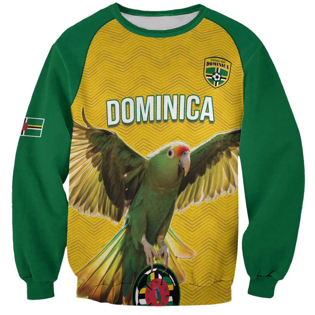 Unisex yellow and green football sweatshirt with parrot graphic and DOMINICA logo