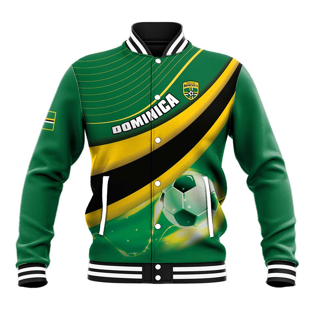 Green baseball jacket with DOMINICA lettering, yellow/black diagonal stripe, ribbed cuffs.