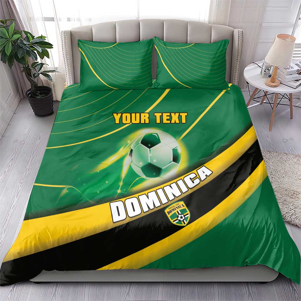 Green football bedding set with soccer ball print, yellow/black swoosh, “YOUR TEXT”