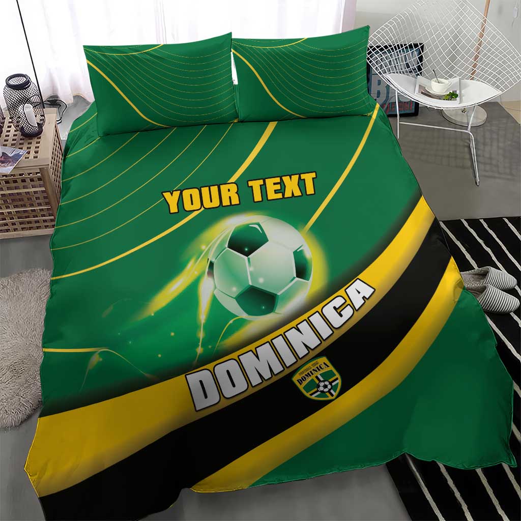 Green football duvet and pillow set with soccer ball, yellow/black stripes, “YOUR TEXT”