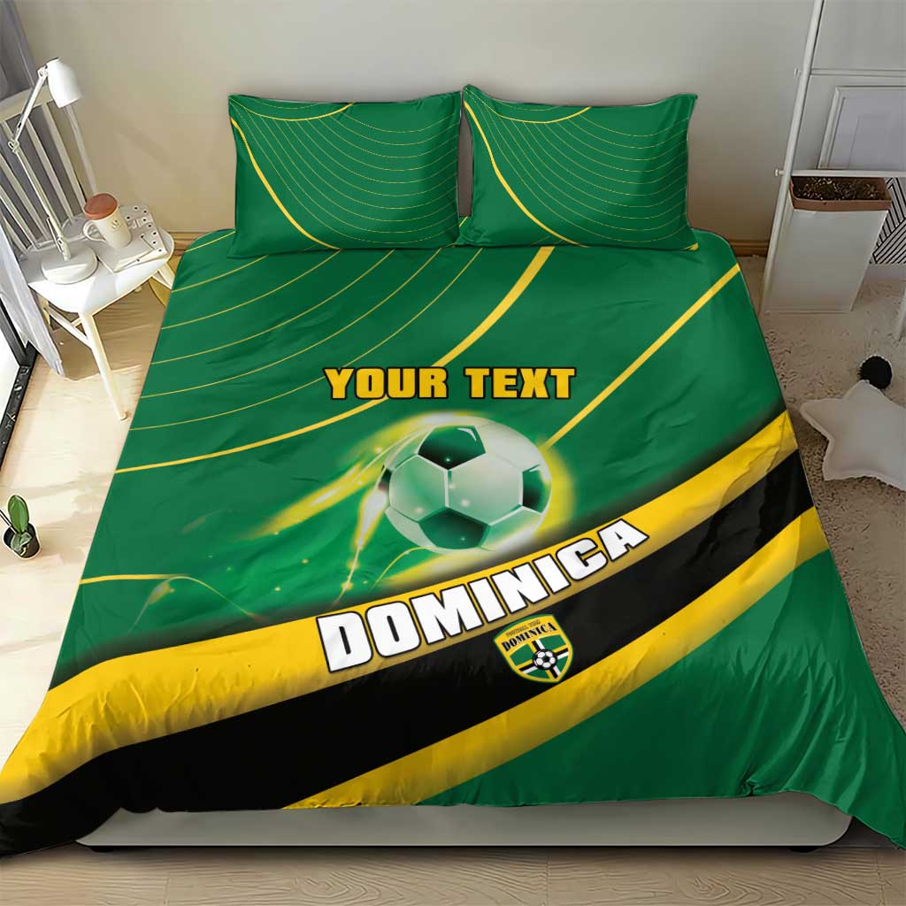 Green football bedding set with soccer ball, yellow/black diagonal stripes, “YOUR TEXT”
