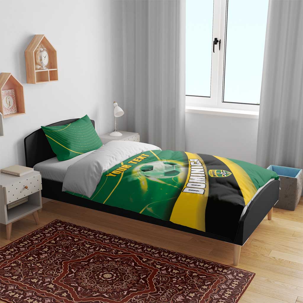 Green football bedding set with soccer ball, yellow/black diagonal stripes, “YOUR TEXT”