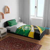 Green football bedding set with soccer ball, yellow/black diagonal stripes, “YOUR TEXT”