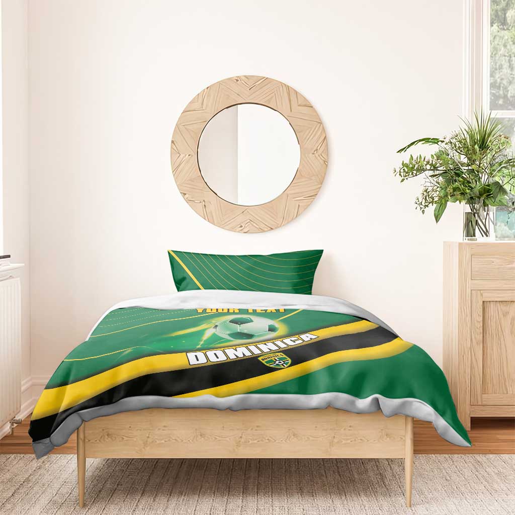 Green football bedding set with soccer ball graphic, yellow/black stripes, “YOUR TEXT”