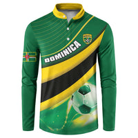 Green football button sweatshirt with yellow/black diagonal stripes, crest, and soccer graphic