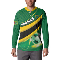 Green football button sweatshirt on model, with yellow/black diagonal stripes and soccer graphic
