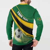 Green football button sweatshirt back on model with “YOUR TEXT” and soccer ball graphic