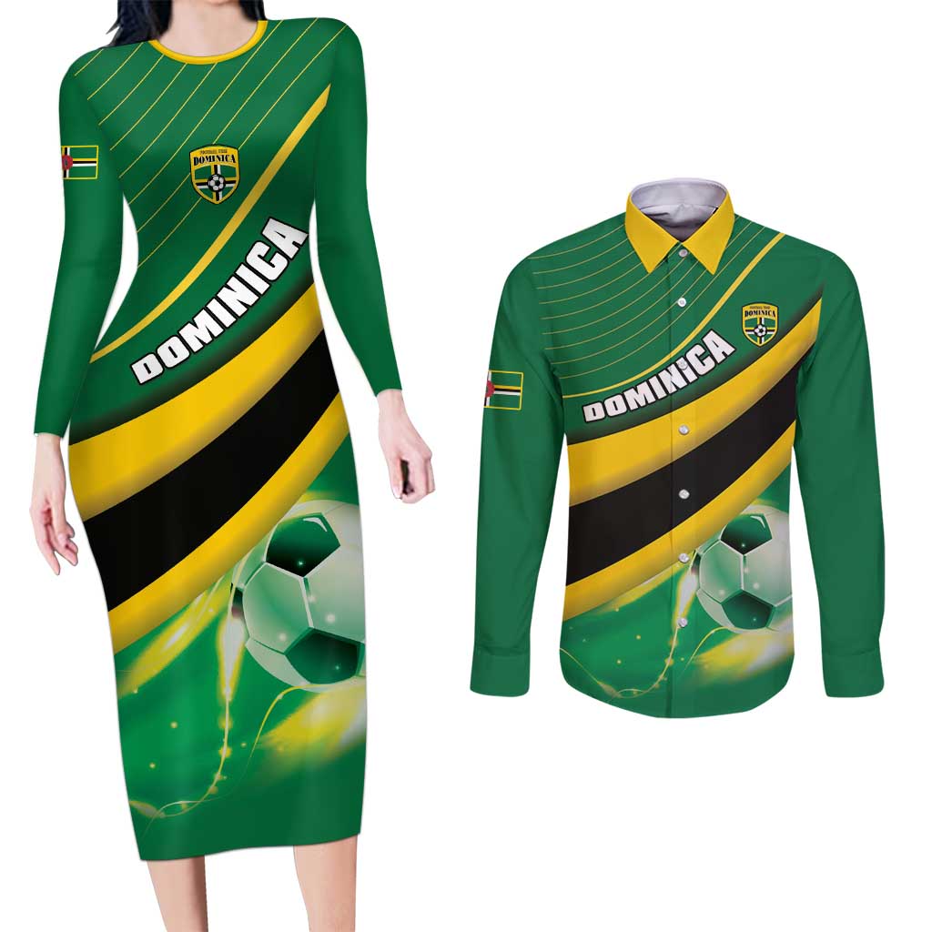 Personalised Dominica Football Couples Matching Long Sleeve Bodycon Dress and Long Sleeve Button Shirt Sporty Style - Wonder Print Shop