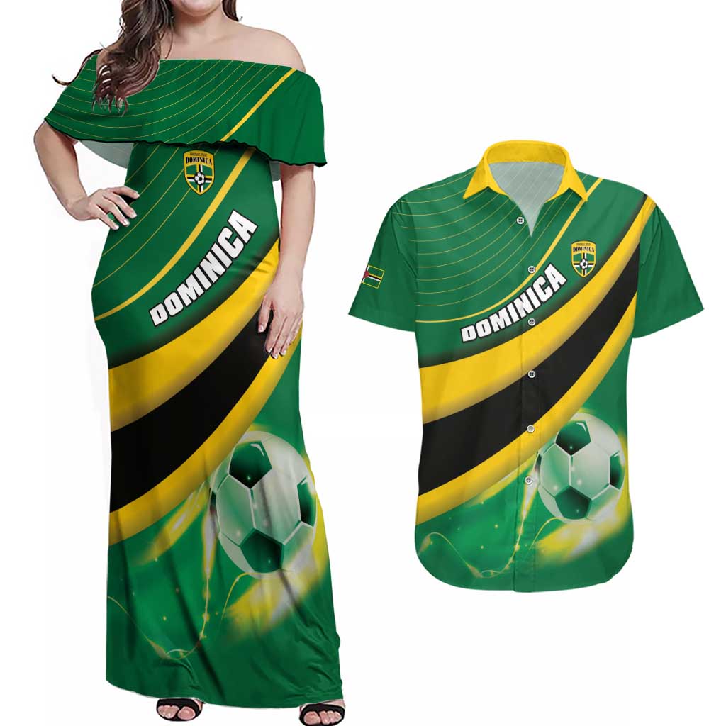 Personalised Dominica Football Couples Matching Off Shoulder Maxi Dress and Hawaiian Shirt Sporty Style - Wonder Print Shop