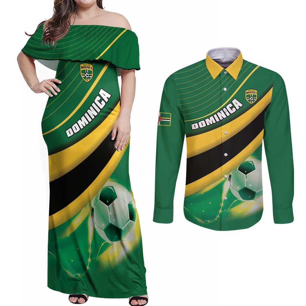 Personalised Dominica Football Couples Matching Off Shoulder Maxi Dress and Long Sleeve Button Shirt Sporty Style - Wonder Print Shop