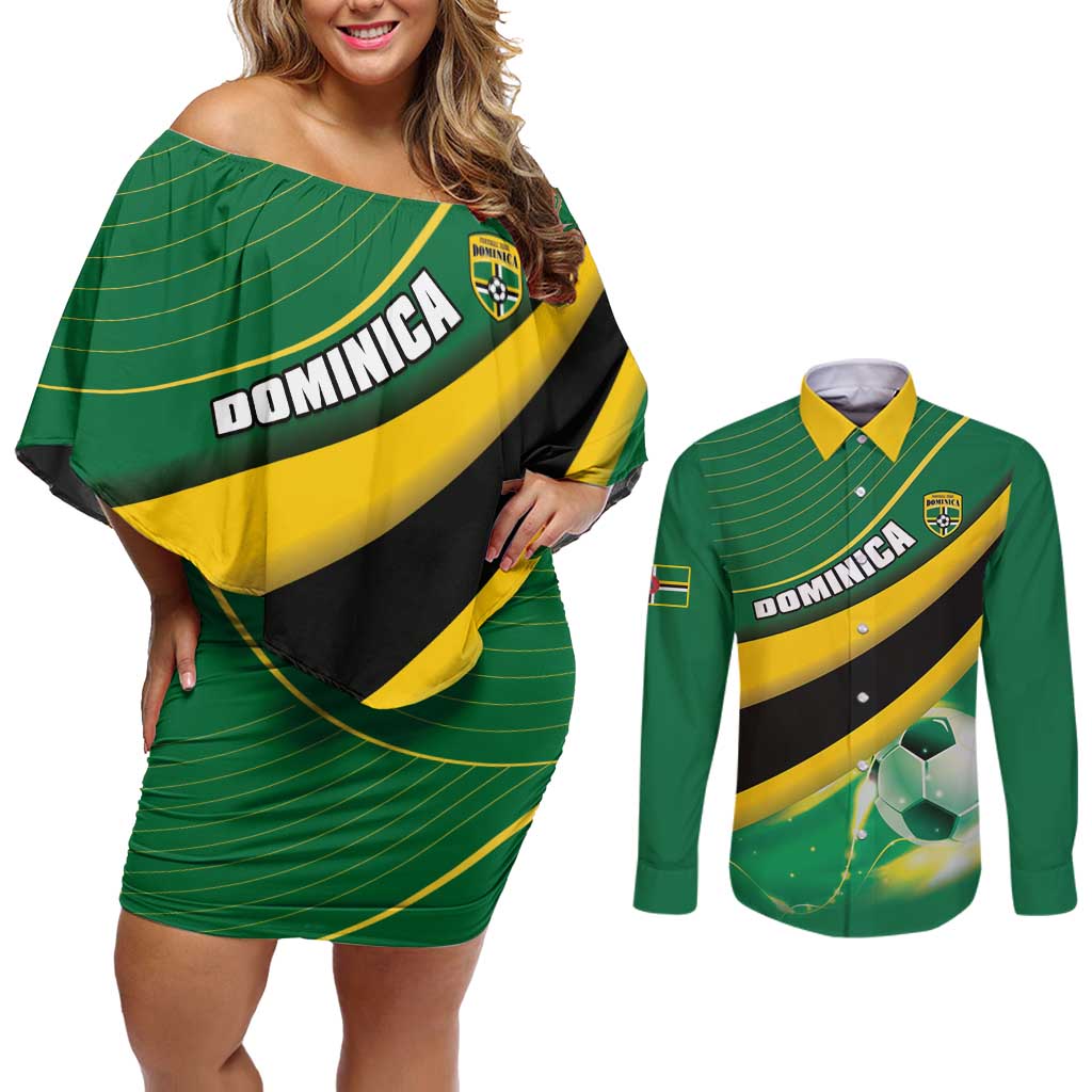 Personalised Dominica Football Couples Matching Off Shoulder Short Dress and Long Sleeve Button Shirt Sporty Style - Wonder Print Shop