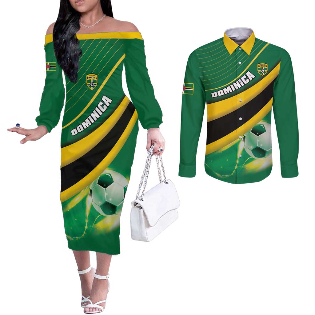 Personalised Dominica Football Couples Matching Off The Shoulder Long Sleeve Dress and Long Sleeve Button Shirt Sporty Style