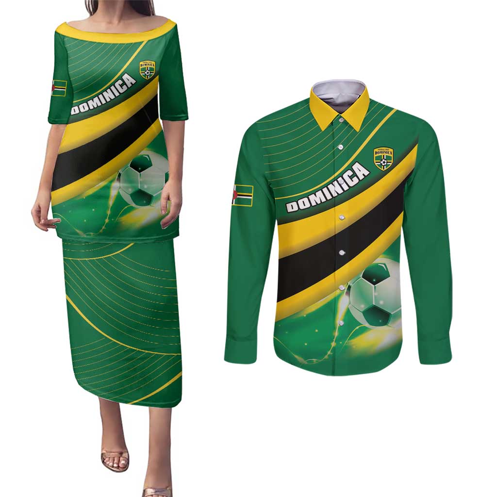 Personalised Dominica Football Couples Matching Puletasi and Long Sleeve Button Shirt Sporty Style - Wonder Print Shop