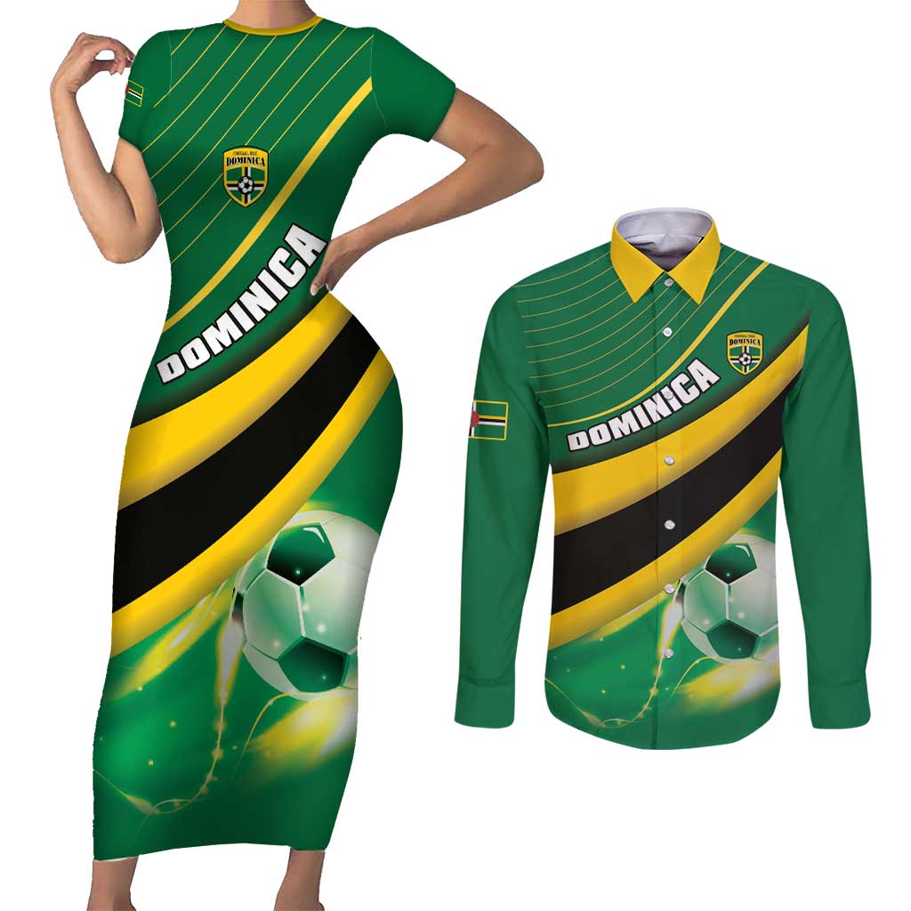 Personalised Dominica Football Couples Matching Short Sleeve Bodycon Dress and Long Sleeve Button Shirt Sporty Style - Wonder Print Shop