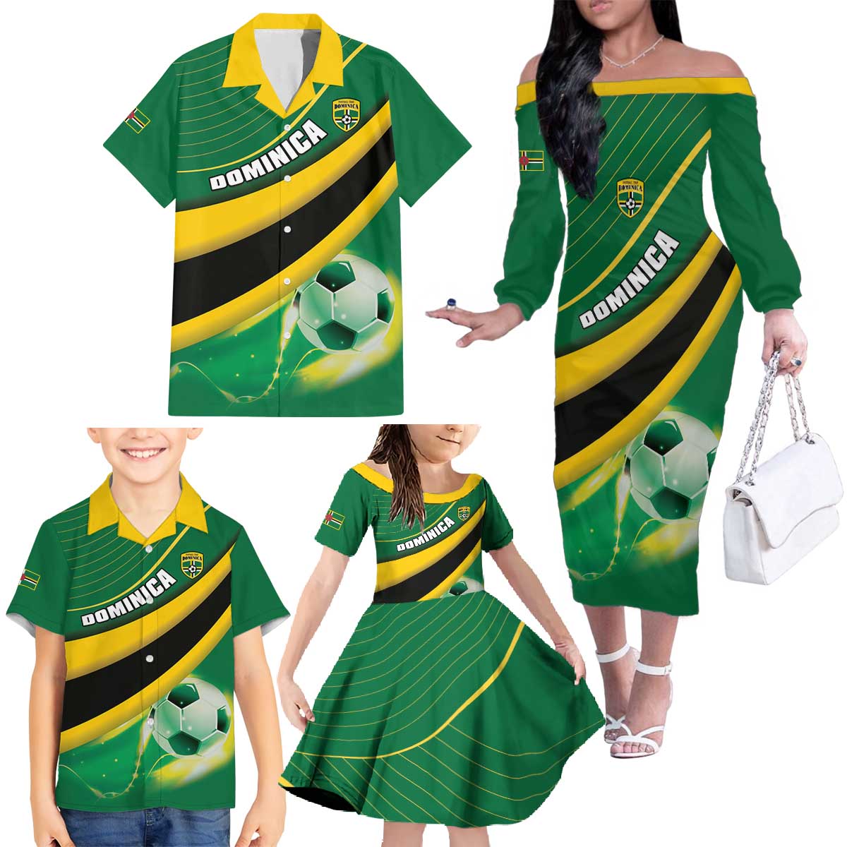 Personalised Dominica Football Family Matching Off The Shoulder Long Sleeve Dress and Hawaiian Shirt Sporty Style - Wonder Print Shop