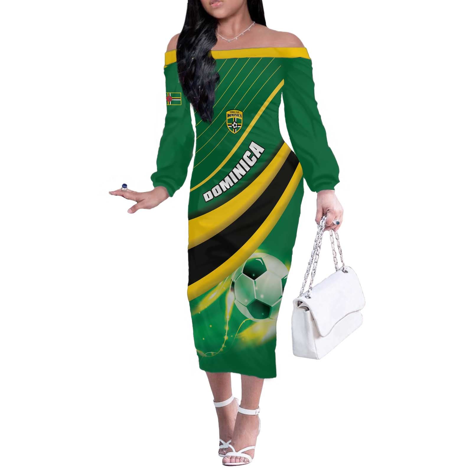 Personalised Dominica Football Off The Shoulder Long Sleeve Dress Sporty Style - Wonder Print Shop