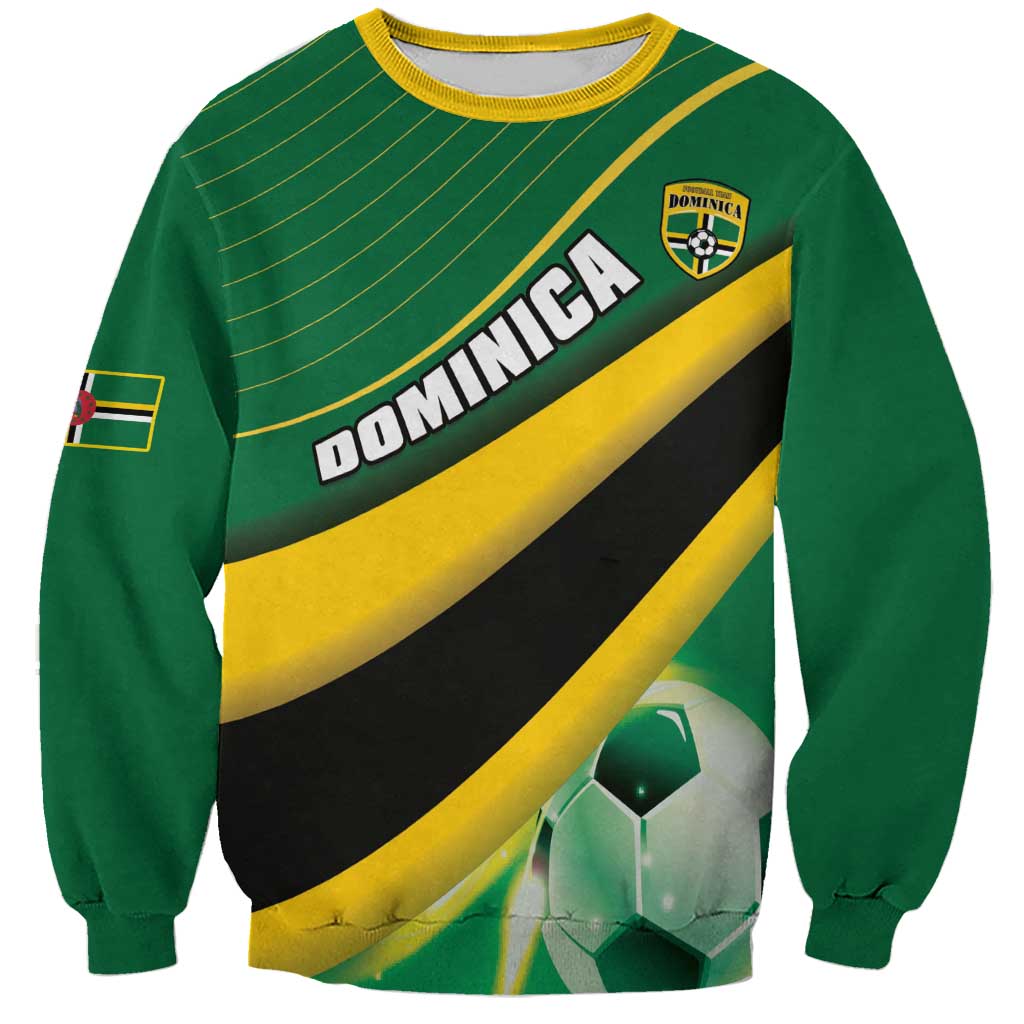 Green football sweatshirt with diagonal yellow/black stripes and Dominica logo front