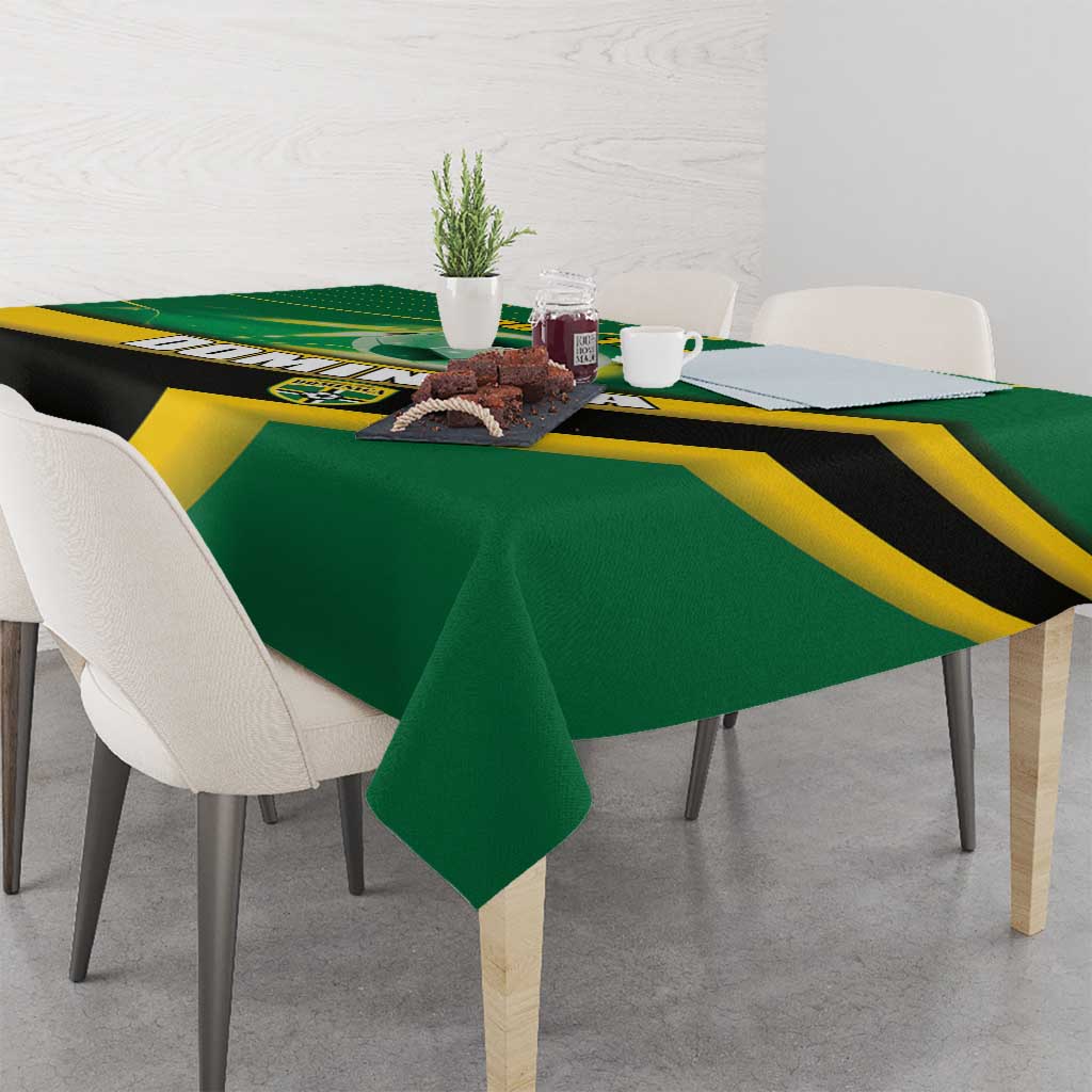 Green football tablecloth on dining table with yellow diagonal stripe design
