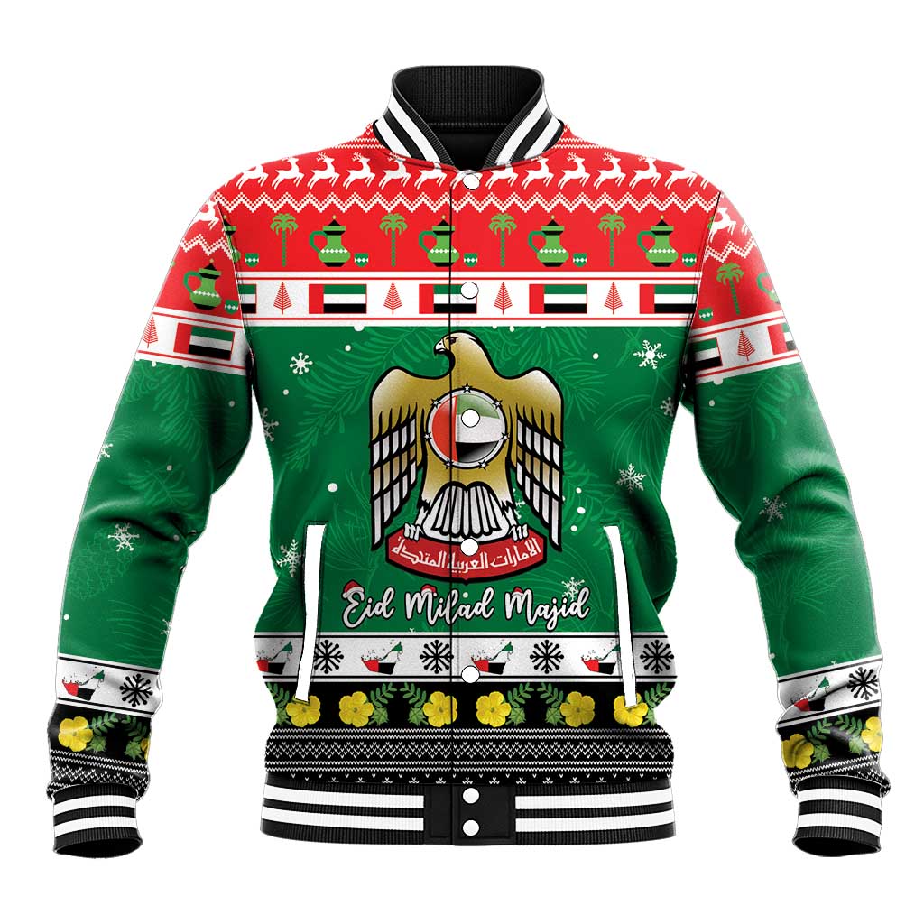 Green baseball jacket with striped ribbed collar and Emirati crest graphic, front