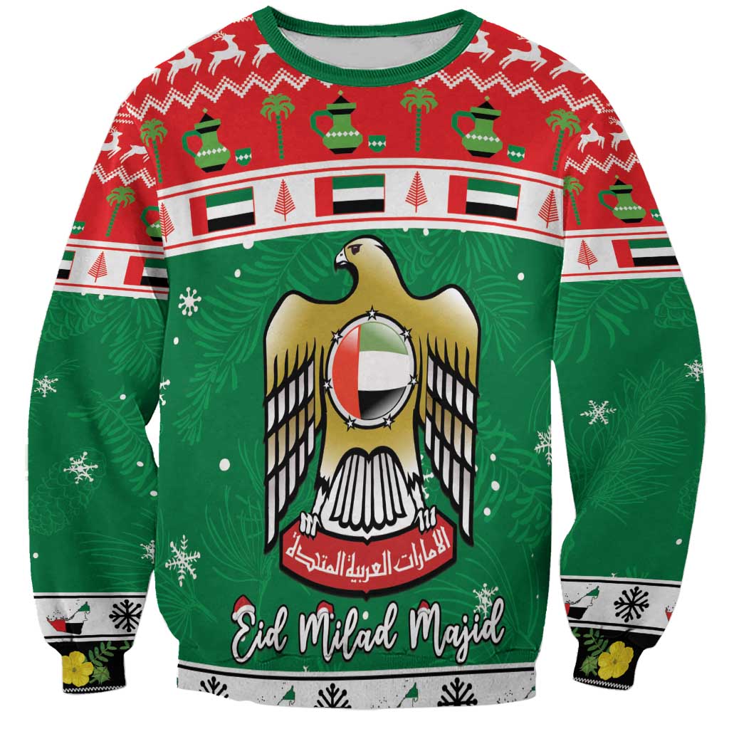 Green unisex sweatshirt with festive crest graphic and Eid Milad Majid text