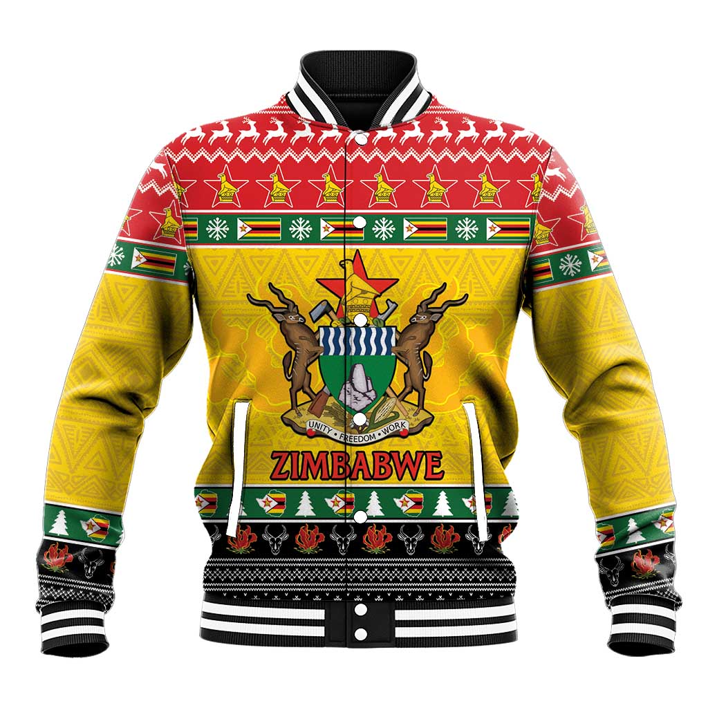 Yellow and red Zimbabwe graphic baseball jacket, varsity ribbed collar and snap hem