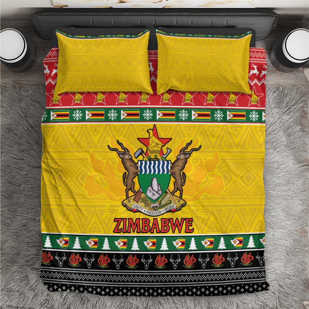 Yellow bedding set with Zimbabwe coat of arms, red-green festive trim, two matching pillow shams