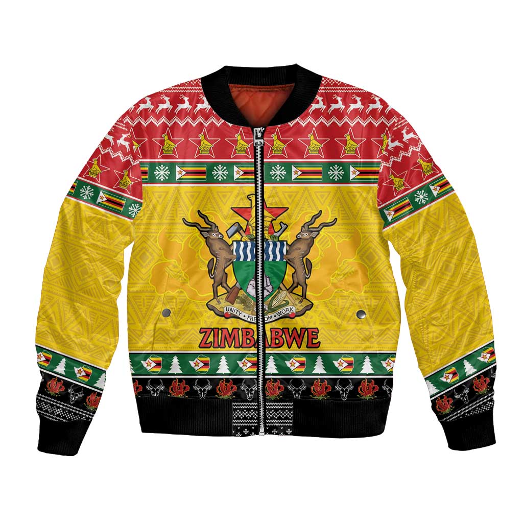 Unisex festive bomber jacket with Zimbabwe crest graphic, red yellow green, ribbed cuffs