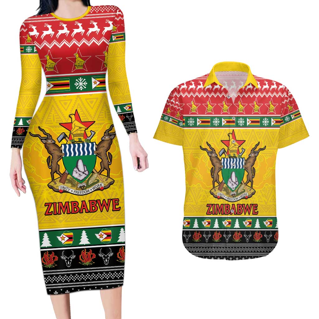 Zimbabwe Christmas Couples Matching Long Sleeve Bodycon Dress and Hawaiian Shirt Coat Of Arms Muve neKisimusi - Wonder Print Shop