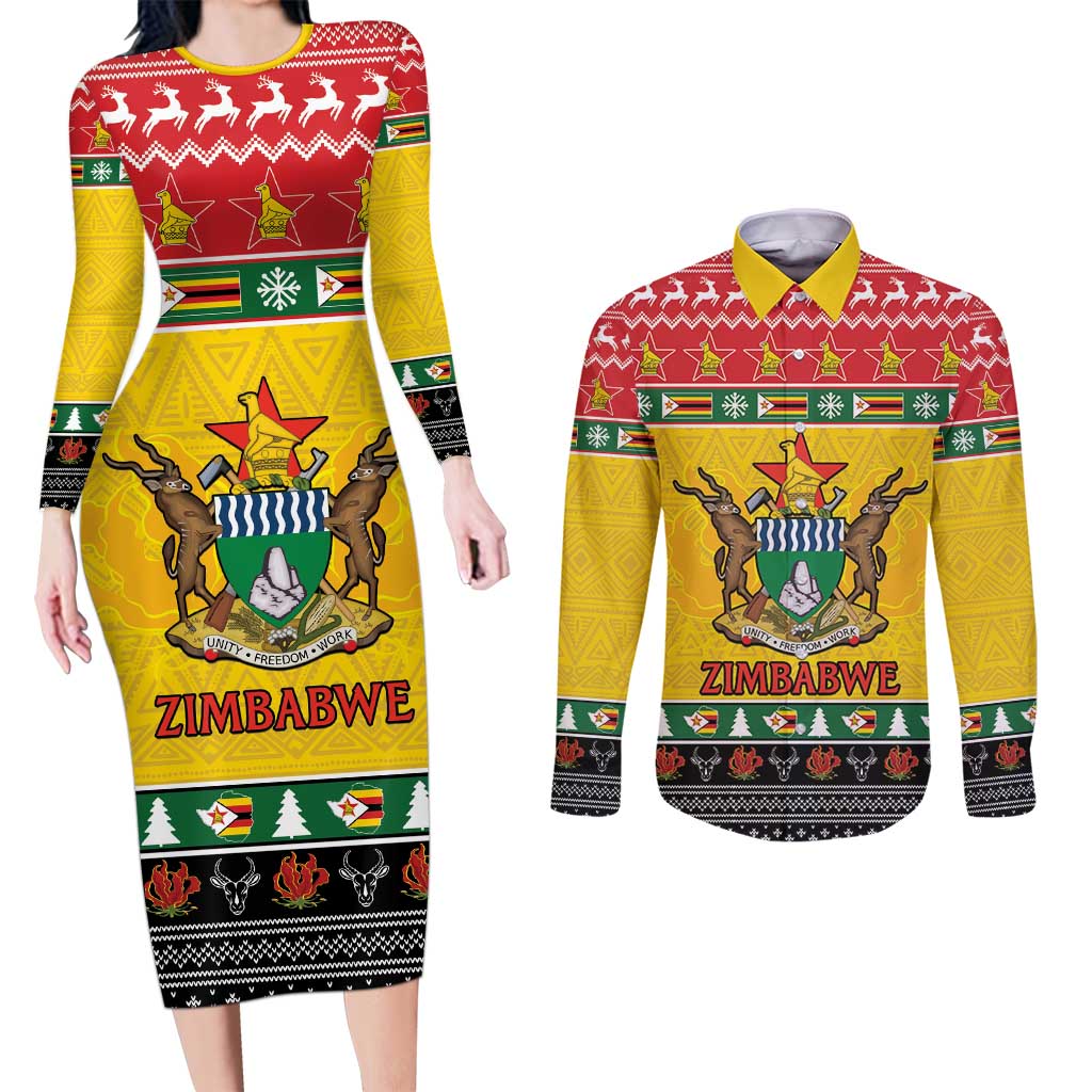 Zimbabwe Christmas Couples Matching Long Sleeve Bodycon Dress and Long Sleeve Button Shirt Coat Of Arms Muve neKisimusi - Wonder Print Shop