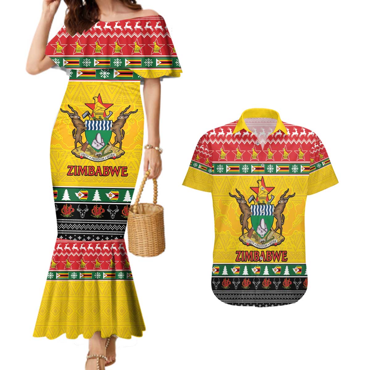 Zimbabwe Christmas Couples Matching Mermaid Dress and Hawaiian Shirt Coat Of Arms Muve neKisimusi - Wonder Print Shop