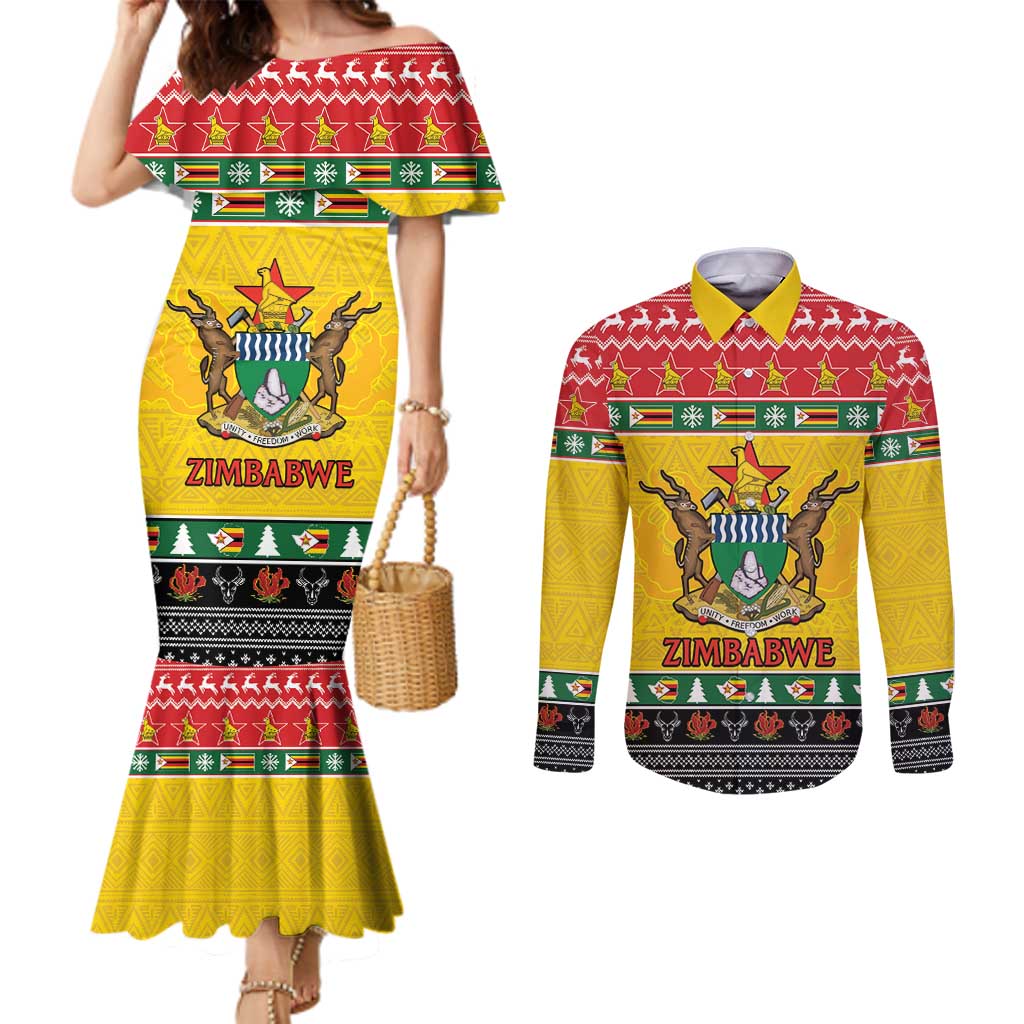 Zimbabwe Christmas Couples Matching Mermaid Dress and Long Sleeve Button Shirt Coat Of Arms Muve neKisimusi