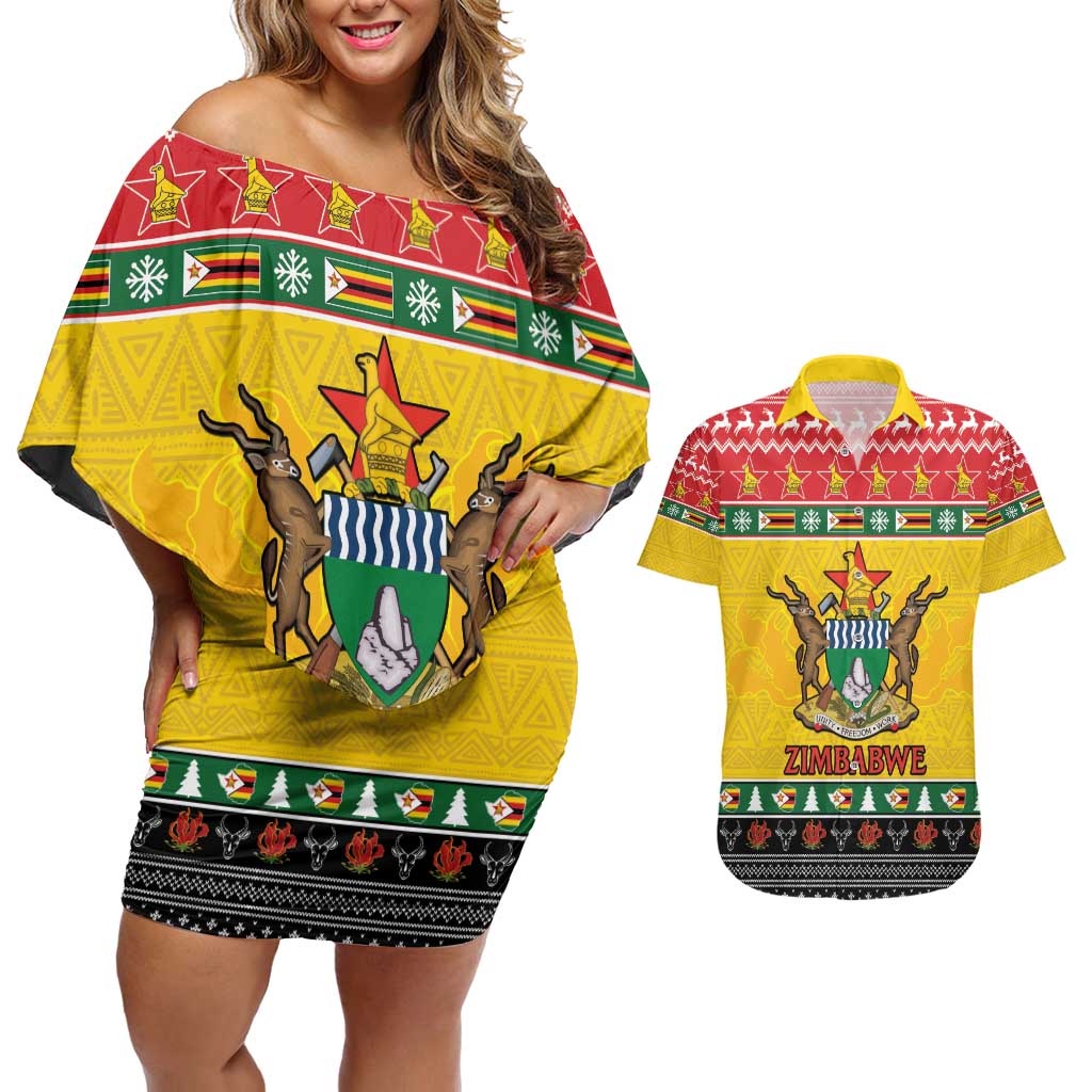 Zimbabwe Christmas Couples Matching Off Shoulder Short Dress and Hawaiian Shirt Coat Of Arms Muve neKisimusi - Wonder Print Shop