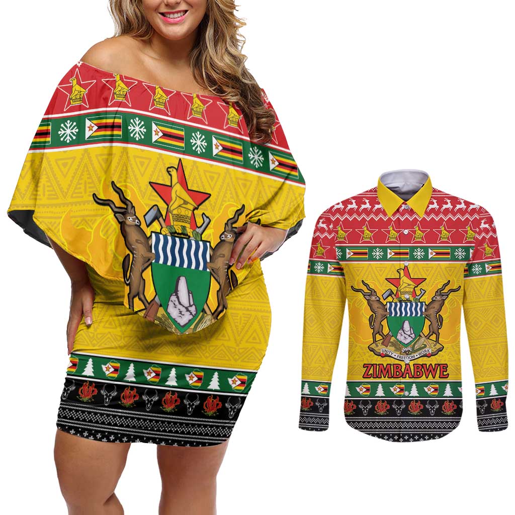 Zimbabwe Christmas Couples Matching Off Shoulder Short Dress and Long Sleeve Button Shirt Coat Of Arms Muve neKisimusi - Wonder Print Shop