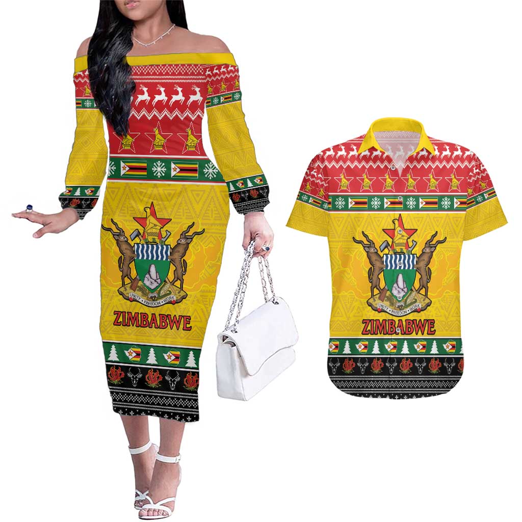 Zimbabwe Christmas Couples Matching Off The Shoulder Long Sleeve Dress and Hawaiian Shirt Coat Of Arms Muve neKisimusi - Wonder Print Shop