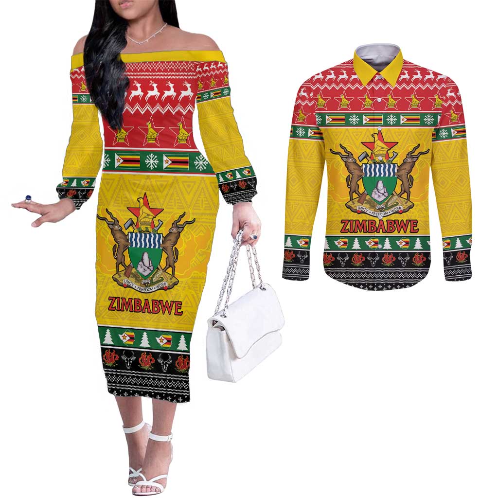 Zimbabwe Christmas Couples Matching Off The Shoulder Long Sleeve Dress and Long Sleeve Button Shirt Coat Of Arms Muve neKisimusi