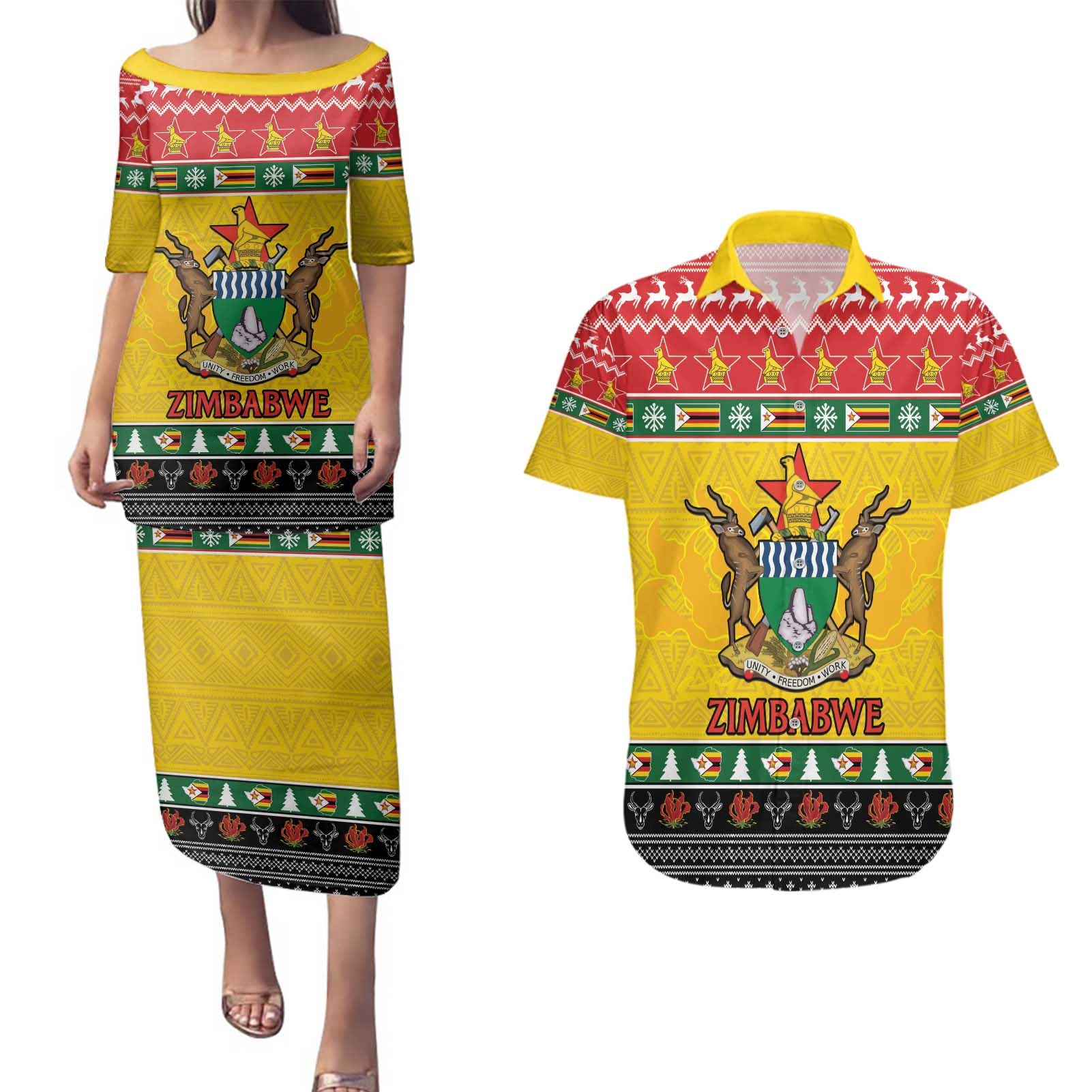 Zimbabwe Christmas Couples Matching Puletasi and Hawaiian Shirt Coat Of Arms Muve neKisimusi - Wonder Print Shop