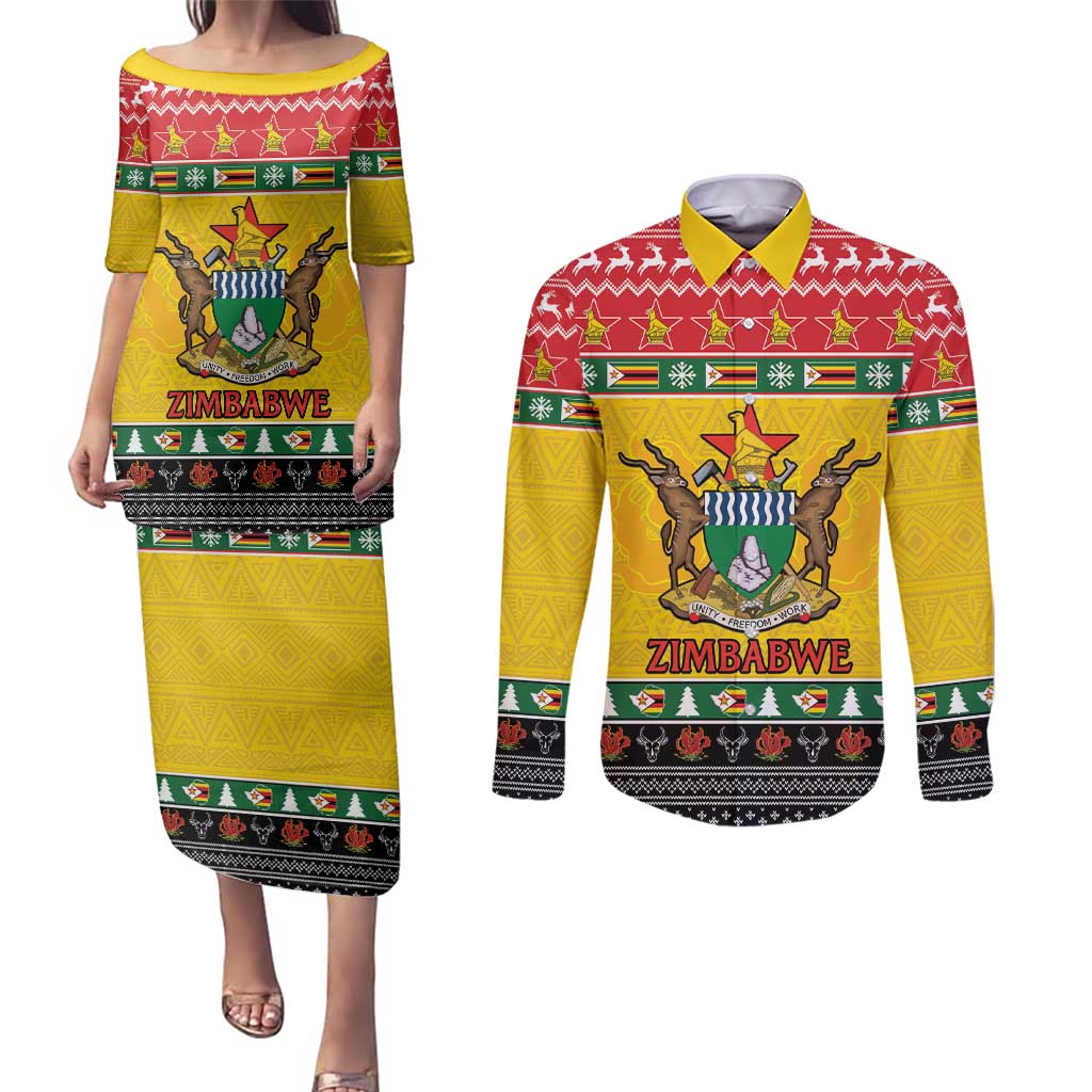 Zimbabwe Christmas Couples Matching Puletasi and Long Sleeve Button Shirt Coat Of Arms Muve neKisimusi - Wonder Print Shop