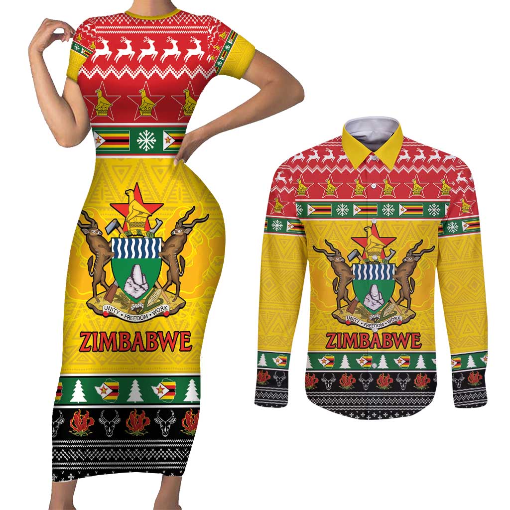 Zimbabwe Christmas Couples Matching Short Sleeve Bodycon Dress and Long Sleeve Button Shirt Coat Of Arms Muve neKisimusi - Wonder Print Shop